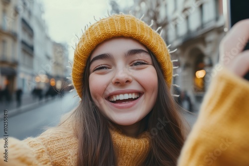 Close-up photo of a smiling young girl walking on a city street, taking a selfie and talking on a video call on the phone 