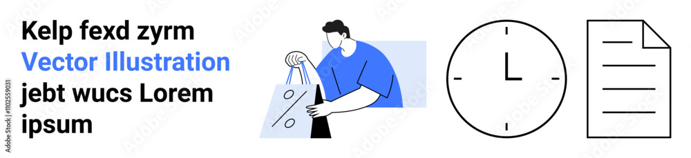 Person holding shopping bags, a clock, and a document. Ideal for marketing, time management, retail campaigns, business planning, e-commerce productivity tips project tracking. Landing page Person holding shopping bags, a clock, and a document. Ideal for marketing, time management, retail campaigns, business planning, e-commerce productivity tips project tracking. Landing page