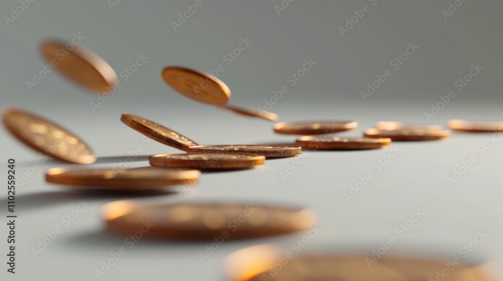Copper coins are seen floating in mid-air over a minimalist surface, captured in motion with a shallow depth of field. The simple background enhances the focus on the dynamic movement. AI generated. Copper coins are seen floating in mid-air over a minimalist surface, captured in motion with a shallow depth of field. The simple background enhances the focus on the dynamic movement. AI generated.