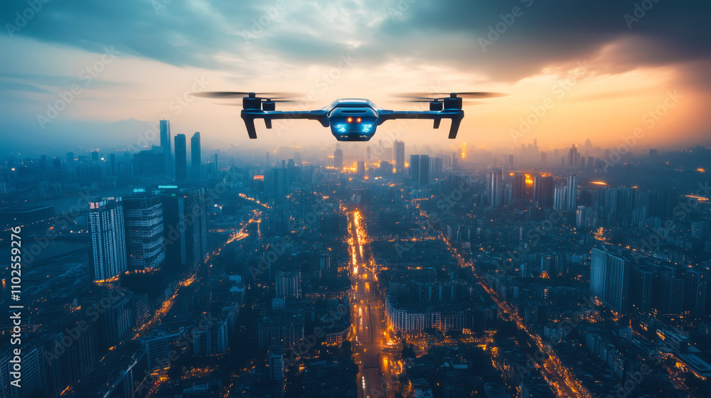 Drone flying over illuminated cityscape at sunset Drone flying over illuminated cityscape at sunset