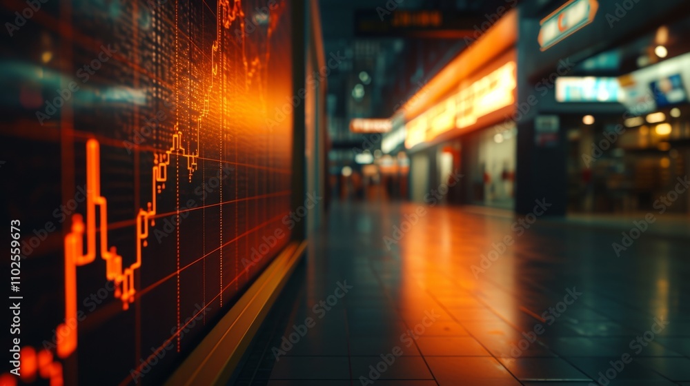 Close-up of a stock market chart glowing in orange tones on a digital screen in a modern cityscape. The blurred background emphasizes a futuristic urban setting. AI generated. Close-up of a stock market chart glowing in orange tones on a digital screen in a modern cityscape. The blurred background emphasizes a futuristic urban setting. AI generated.