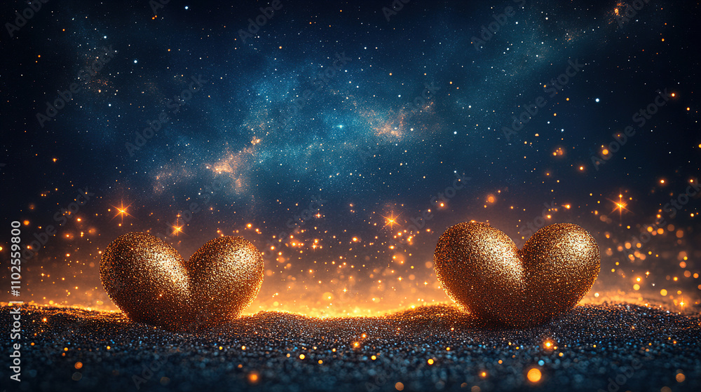 Fototapeta premium Golden hearts sparkle under a starlit sky creating a magical atmosphere of love and wonder at night. Generative AI