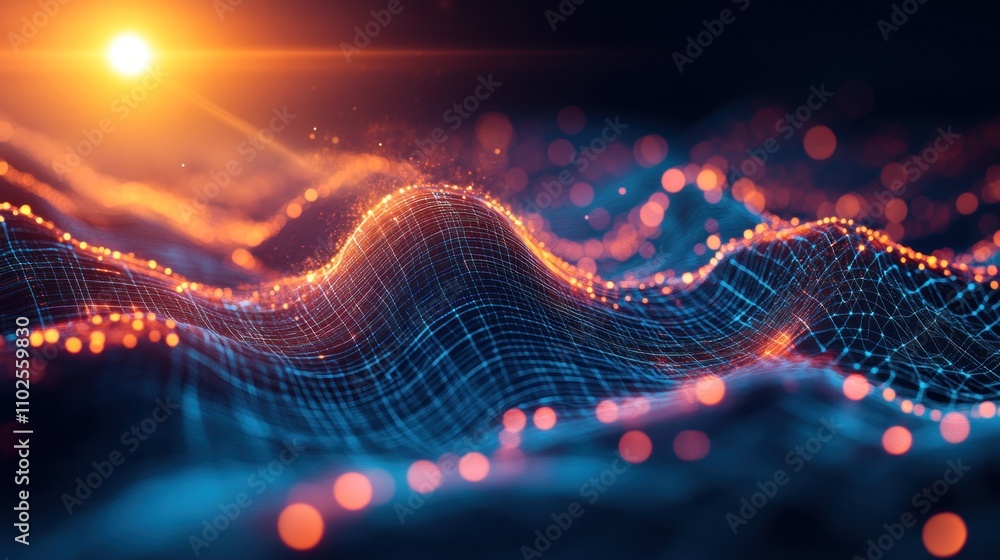 Abstract digital landscape with glowing particles and waves, suggesting technology and data. Abstract digital landscape with glowing particles and waves, suggesting technology and data.