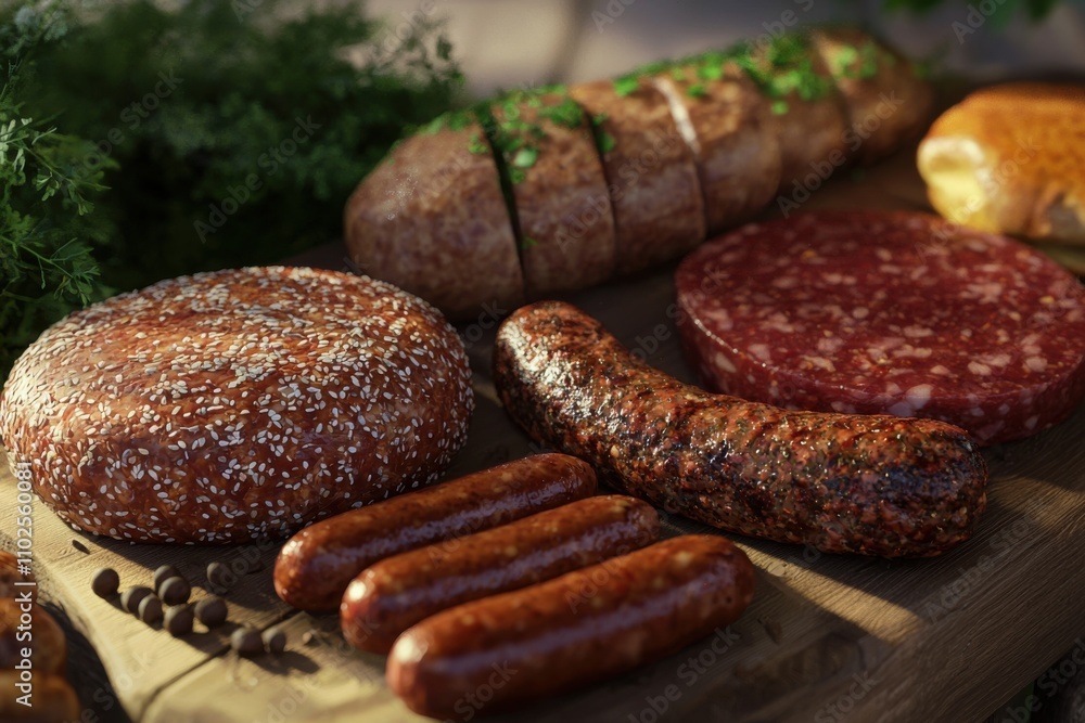 Plant-based meat alternatives in various forms, such as burgers and sausages, displayed attractively. Plant-based meat alternatives in various forms, such as burgers and sausages, displayed attractively.