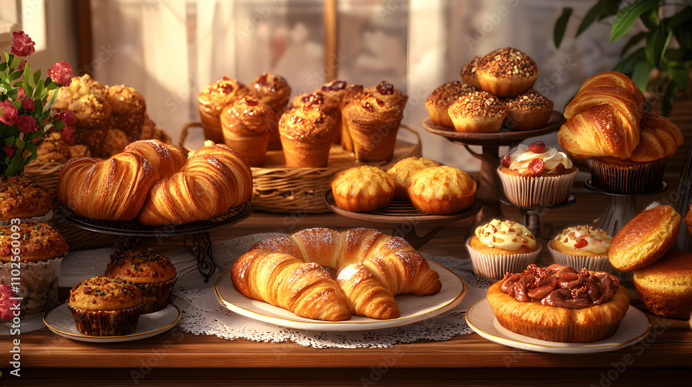 Delightful Bakery: Warm, Inviting Display of Freshly Baked Pastries Delightful Bakery: Warm, Inviting Display of Freshly Baked Pastries