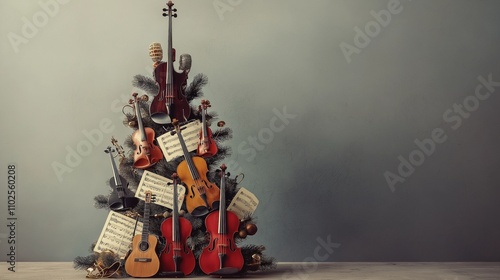 Creative Christmas tree designed for musicians featuring instruments and sheet music among festive decorations