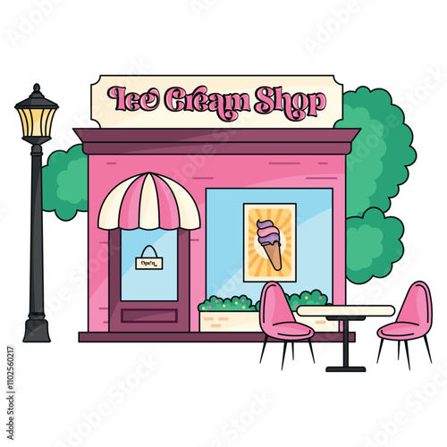 Ice cream shop with outdoor seating, Vector