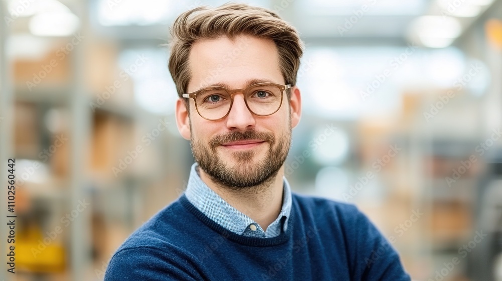 Obraz premium A smiling man in glasses poses confidently in a bright, modern environment, showcasing a professional yet approachable demeanor.