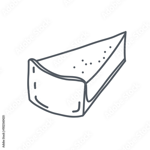 Black and white outline drawing of cheesecake piece in simple doodle style. American pastry dessert. Flat vector monochrome icon isolated on white background.