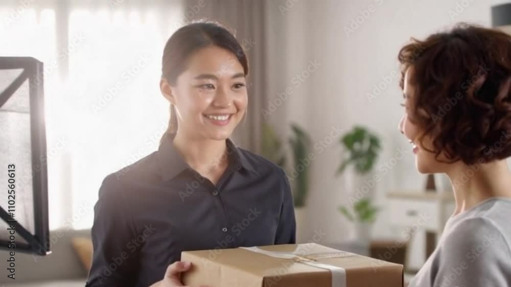 Asian courier hands neatly wrapped package to happy customer Asian courier hands neatly wrapped package to happy customer