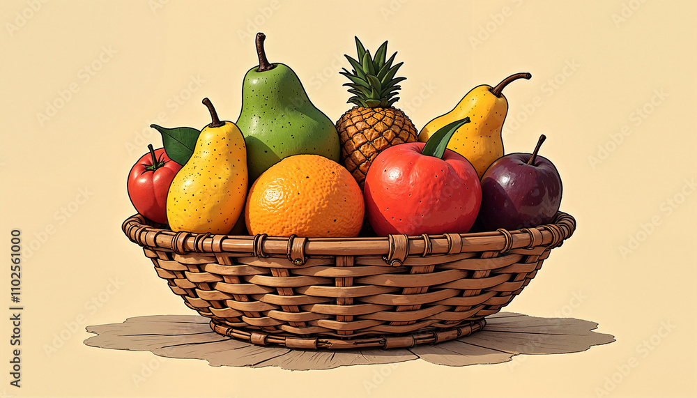 Illustrated fruit basket with colorful tropical fruits on beige background Illustrated fruit basket with colorful tropical fruits on beige background