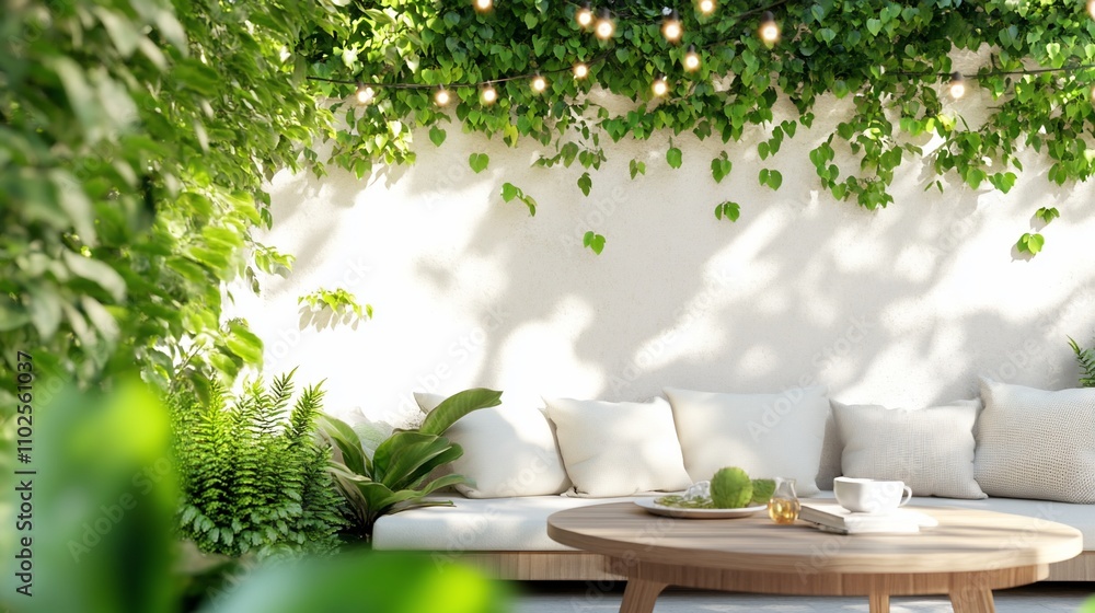 Cozy outdoor seating area with greenery and soft lighting. Cozy outdoor seating area with greenery and soft lighting.
