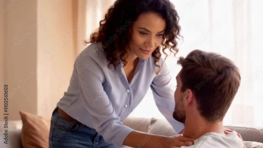 Young drug and alcohol counselor with olive skin and curly hair offering reassurance and guidance to a nervous client Young drug and alcohol counselor with olive skin and curly hair offering reassurance and guidance to a nervous client