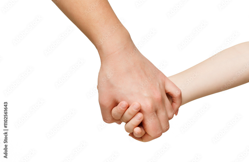 Mother holding hand of her child, isolated on white background. Love, family, togetherness concept Mother holding hand of her child, isolated on white background. Love, family, togetherness concept