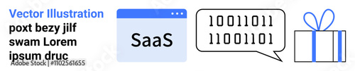 SaaS platform window, binary code in speech bubble, and gift box. Ideal for technology services, software solutions, digital communication, coding, application development, customer gifts