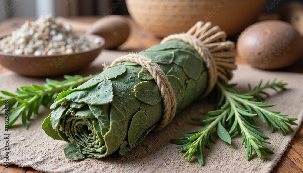 Bundle of dried leaves and rosemary on a rustic cloth setup Bundle of dried leaves and rosemary on a rustic cloth setup