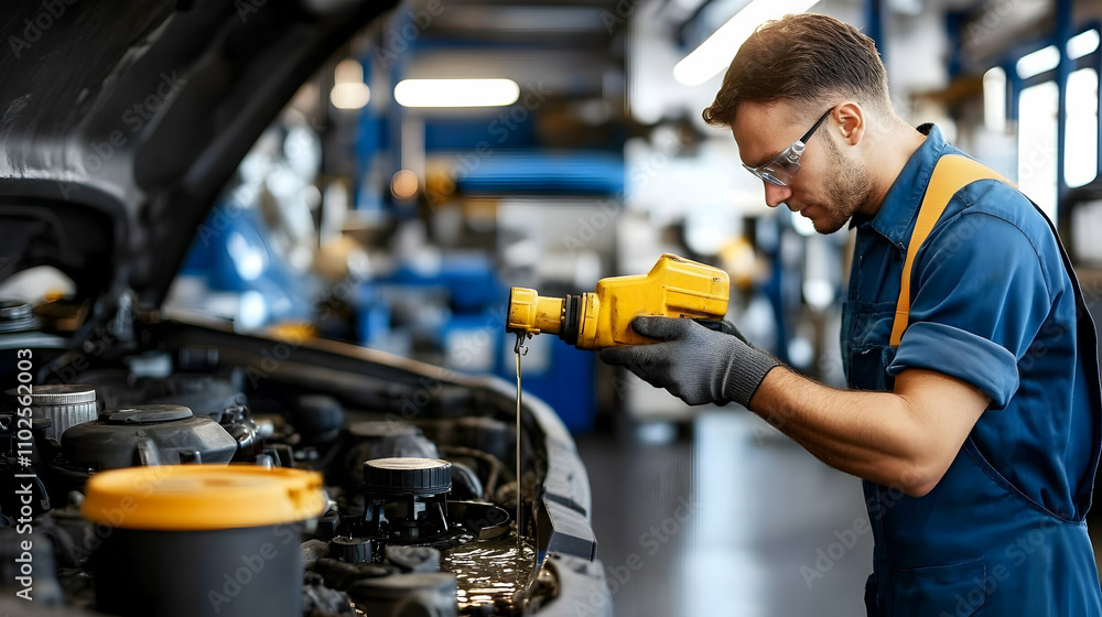 Mechanic Carefully Adding Engine Oil During Auto Repair Mechanic Carefully Adding Engine Oil During Auto Repair