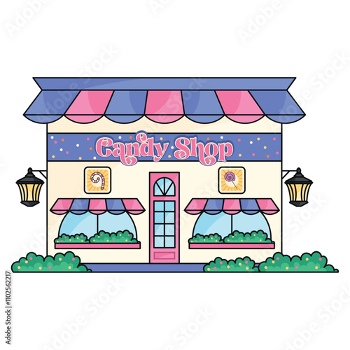 Colorful candy shop facade with decorations, Vector