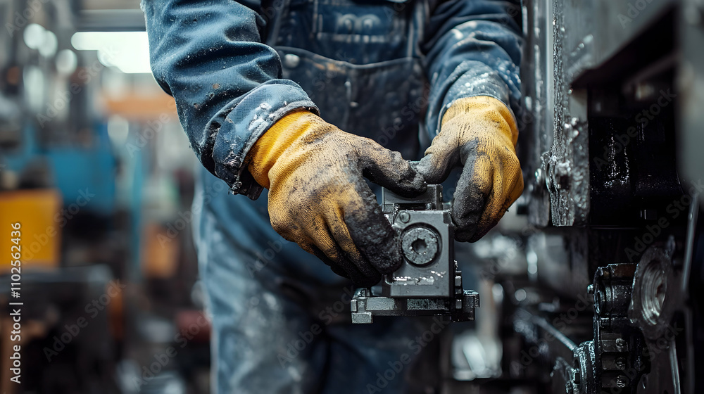 Industrial Worker's Hands Inspecting Machine Part in Factory Industrial Worker's Hands Inspecting Machine Part in Factory