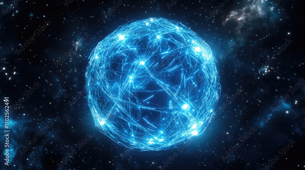 A glowing globe of interconnected neon lines, representing digital networks, set against a starry space background; 3D illustration, futuristic, blue and silver hues, high detail A glowing globe of interconnected neon lines, representing digital networks, set against a starry space background; 3D illustration, futuristic, blue and silver hues, high detail
