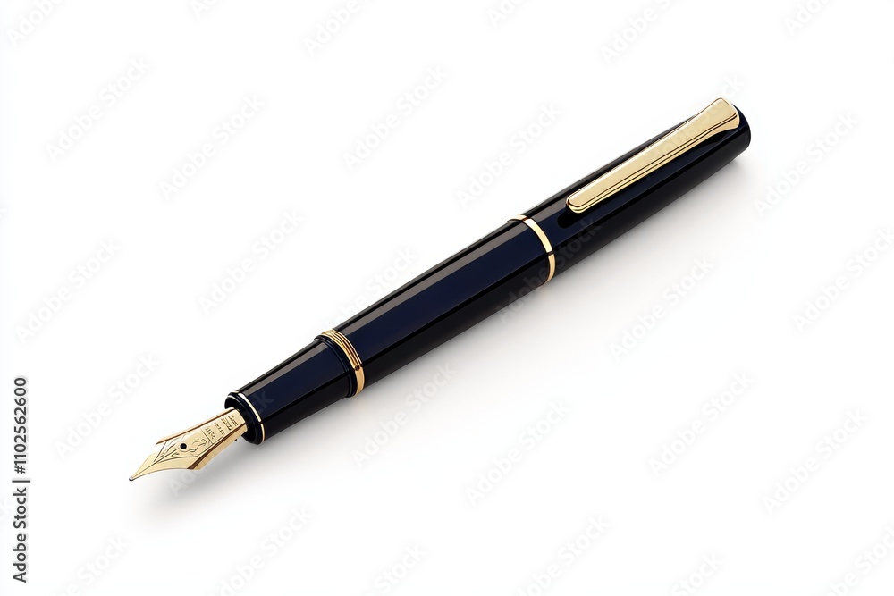A black pen with gold trim sits on a white background A black pen with gold trim sits on a white background