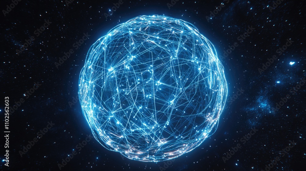 A glowing globe of interconnected neon lines, representing digital networks, set against a starry space background; 3D illustration, futuristic, blue and silver hues, high detail A glowing globe of interconnected neon lines, representing digital networks, set against a starry space background; 3D illustration, futuristic, blue and silver hues, high detail