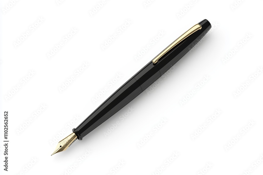 A black pen with gold trim sits on a white background A black pen with gold trim sits on a white background