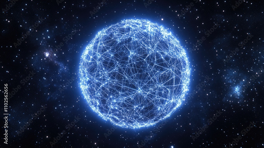 A glowing globe of interconnected neon lines, representing digital networks, set against a starry space background; 3D illustration, futuristic, blue and silver hues, high detail A glowing globe of interconnected neon lines, representing digital networks, set against a starry space background; 3D illustration, futuristic, blue and silver hues, high detail