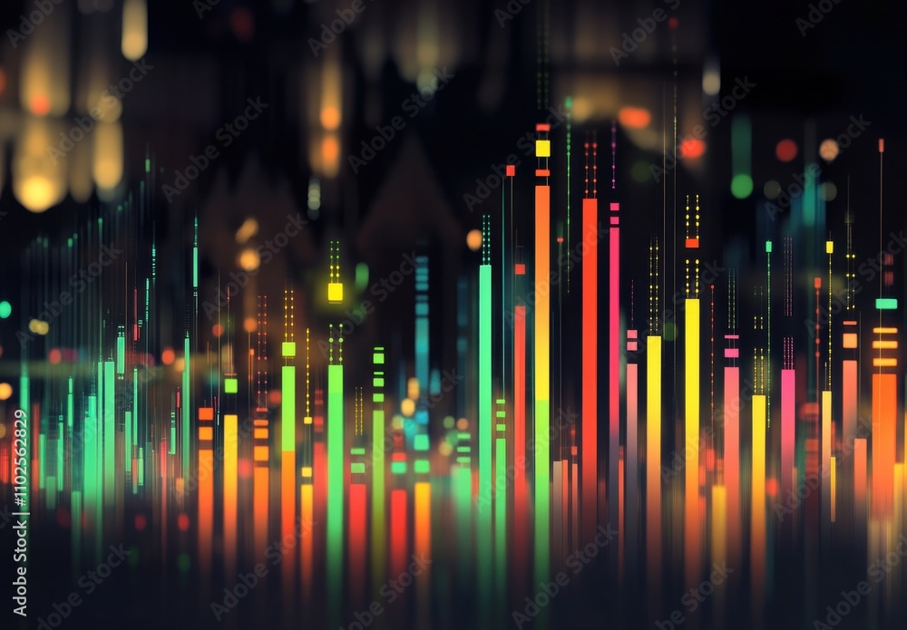 Abstract visualization of colorful data representation with vibrant bars and lights creating an artistic digital landscape for technology and analytics themes Abstract visualization of colorful data representation with vibrant bars and lights creating an artistic digital landscape for technology and analytics themes