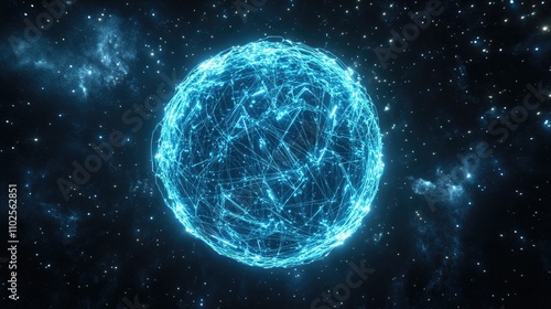 A glowing globe of interconnected neon lines, representing digital networks, set against a starry space background; 3D illustration, futuristic, blue and silver hues, high detail 