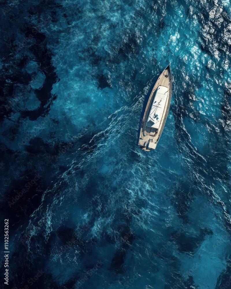 Aerial View of a Luxurious Yacht Sailing Through Crystal Clear Blue Waters in a Serene Ocean Environment Under Bright Sunshine