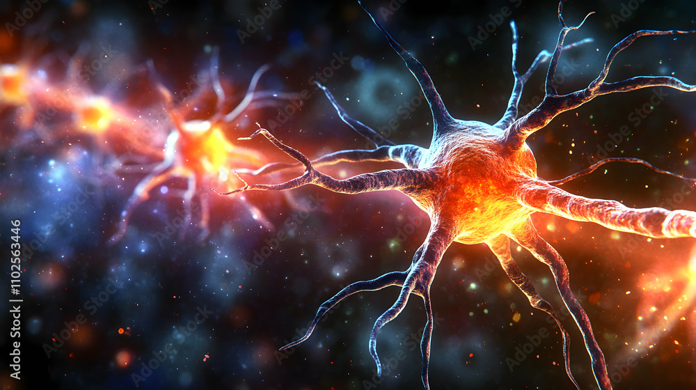 Vibrant Neuron Cell Network, Microscopic Illustration of Neural Connections, Illuminated with Glowing Energy, Shows Intricate Details. Vibrant Neuron Cell Network, Microscopic Illustration of Neural Connections, Illuminated with Glowing Energy, Shows Intricate Details.