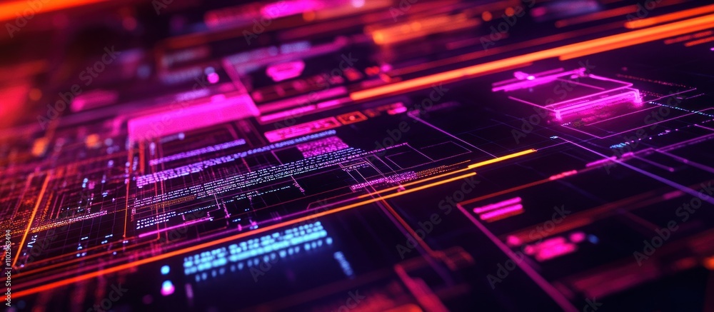 Abstract digital landscape with vibrant neon lines and circuit-like patterns. Abstract digital landscape with vibrant neon lines and circuit-like patterns.