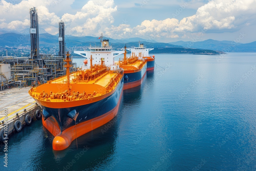 Petroleum and fuel consumption, Three large oil tankers docked at a harbor under a bright sky, reflecting on calm waters, showcasing maritime industry and shipping activities. Petroleum and fuel consumption, Three large oil tankers docked at a harbor under a bright sky, reflecting on calm waters, showcasing maritime industry and shipping activities.