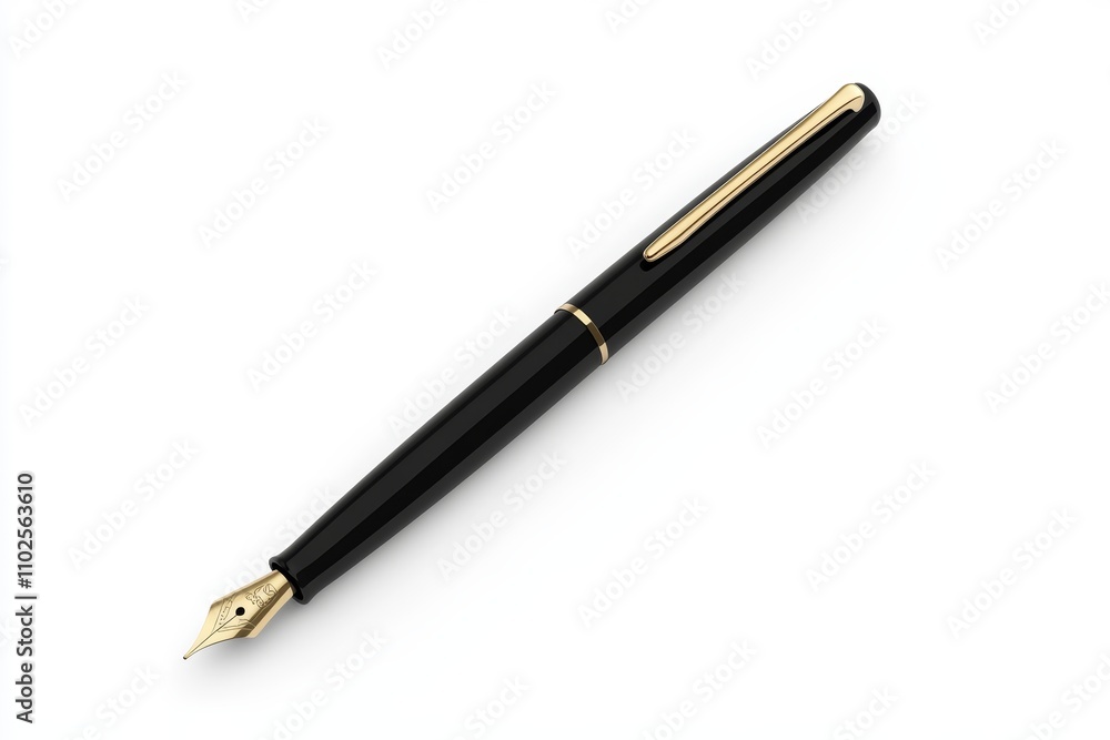 A black pen with gold trim sits on a white background A black pen with gold trim sits on a white background