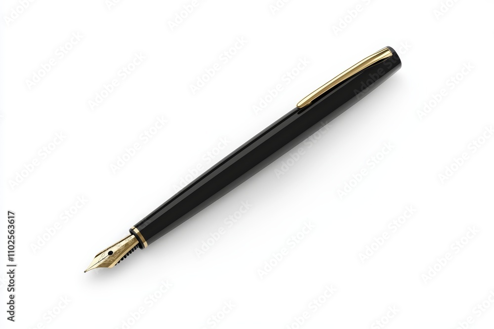 A black pen with gold trim sits on a white background A black pen with gold trim sits on a white background