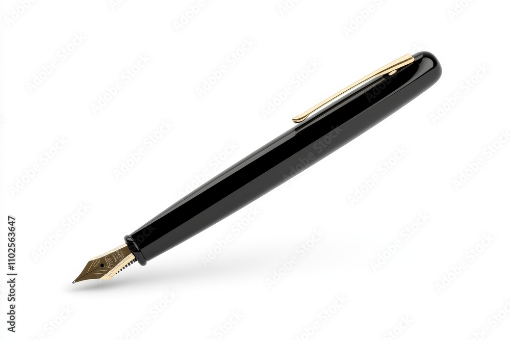 A black pen with gold trim sits on a white background A black pen with gold trim sits on a white background