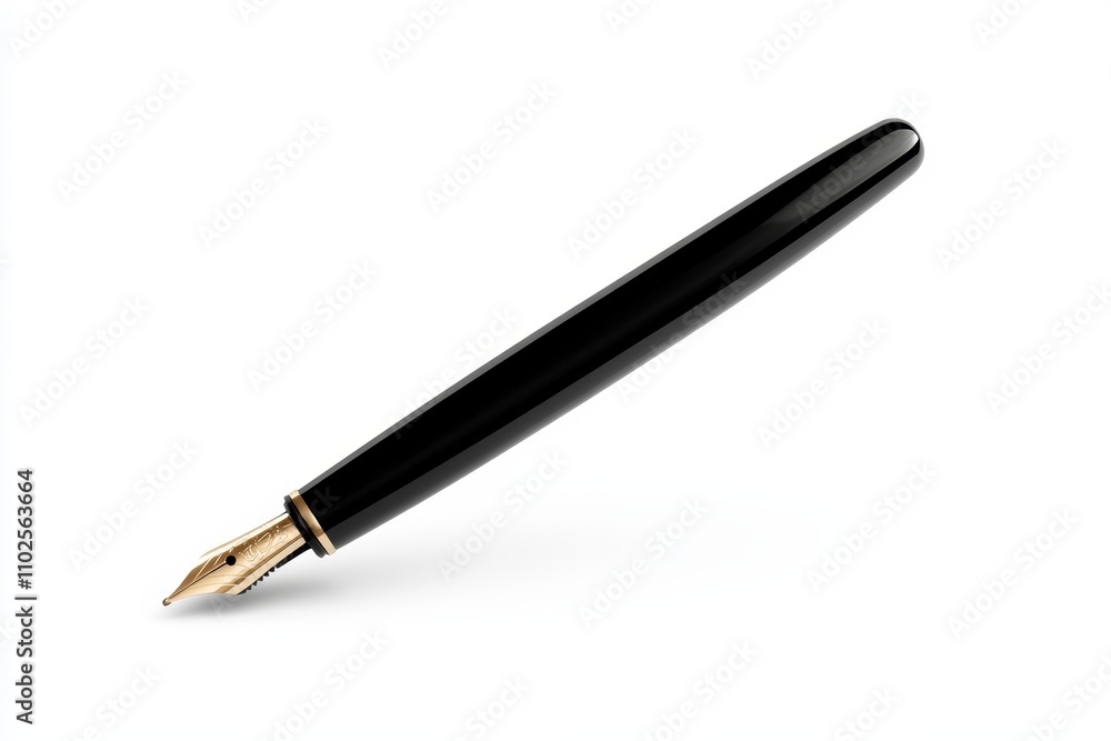 A black pen with gold trim sits on a white background A black pen with gold trim sits on a white background