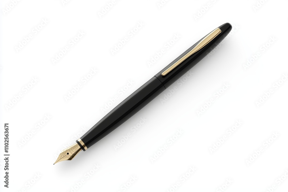 A black pen with gold trim sits on a white background A black pen with gold trim sits on a white background
