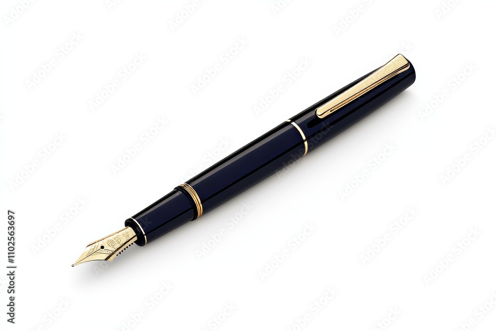 A black fountain pen with gold trim sits on a white background A black fountain pen with gold trim sits on a white background