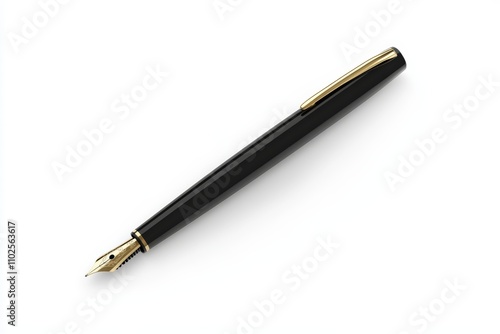 A black pen with gold trim sits on a white background