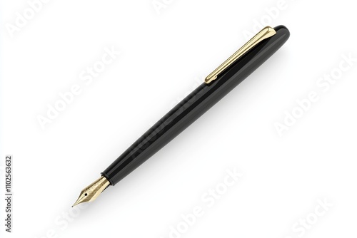 A black pen with gold trim sits on a white background