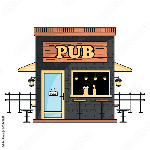 Stylish pub facade with outdoor tables, Vector