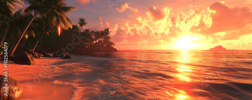 Tropical Sunset, Golden Hour Beach Paradise, Palm Trees Silhouette Against Fiery Sky, Ocean Waves Gently Kissing Sandy Shore