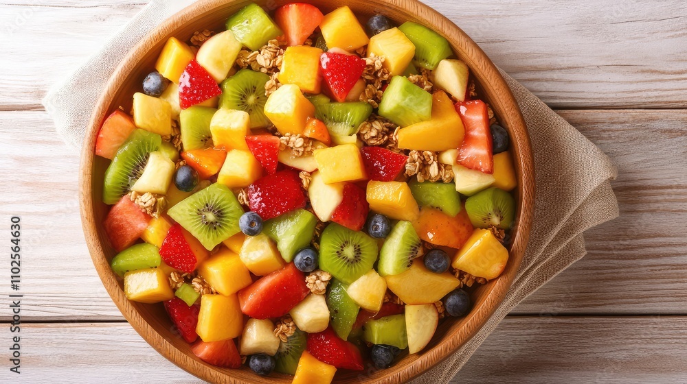 Fresh Fruit Salad with Granola in Wooden Bowl on Rustic Table Fresh Fruit Salad with Granola in Wooden Bowl on Rustic Table
