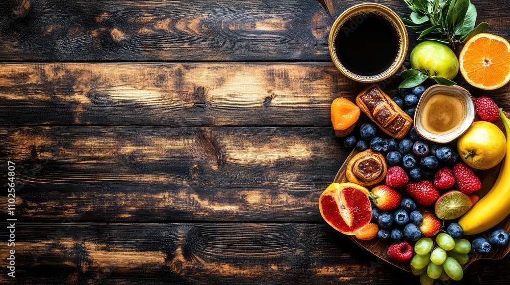 Fresh Fruits and Coffee on Rustic Wooden Table Background Fresh Fruits and Coffee on Rustic Wooden Table Background