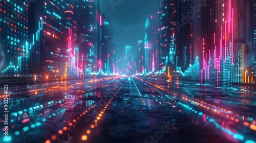 Futuristic city street at night with neon lights and digital elements.