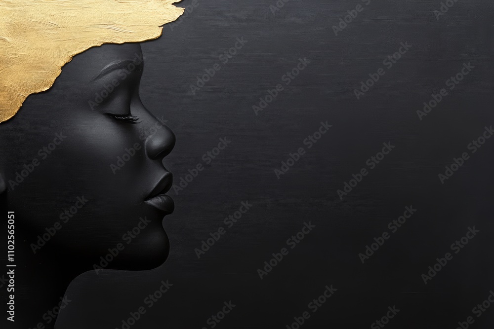 A woman's face is painted gold on a black background A woman's face is painted gold on a black background