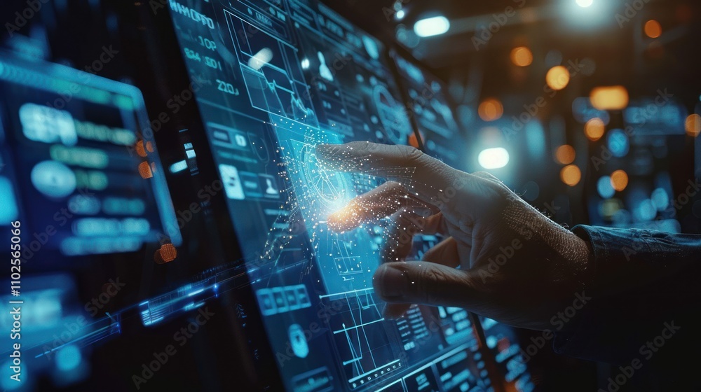 Hand interacting with futuristic digital interface on a large screen, displaying data visualizations and network connections. Hand interacting with futuristic digital interface on a large screen, displaying data visualizations and network connections.