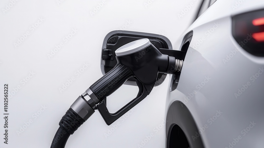 Petroleum and fuel consumption, A fuel nozzle is inserted into a white car Petroleum and fuel consumption, A fuel nozzle is inserted into a white car